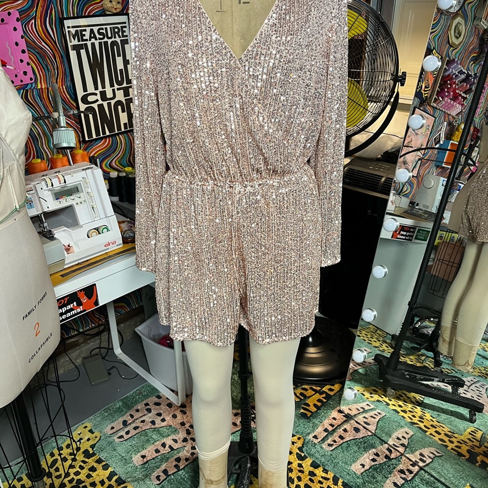Champagne Pink Sequin V-Neck Romper